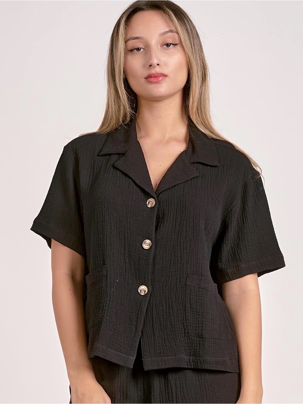 Sensea 2 piece set Black Short-Sleeve Button Front Textured Shorts